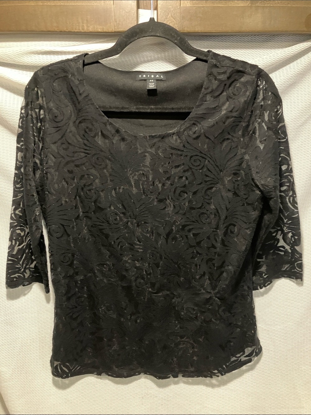 Tribal Black Floral Burnout Sheer Scoop Neck Top